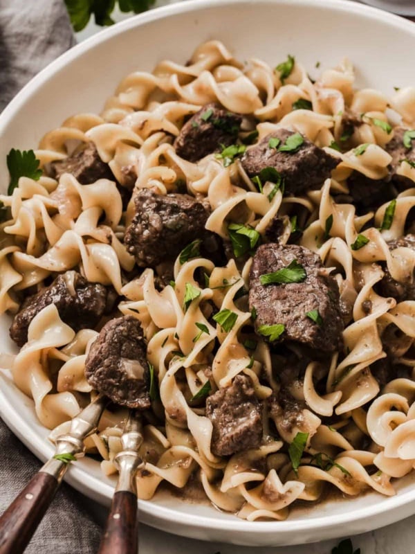 Close-up shot of simple beef and noodles recipe.