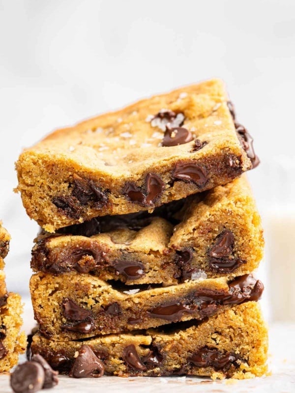 Stack of chocolate chip cookie bars up close, macro shot.