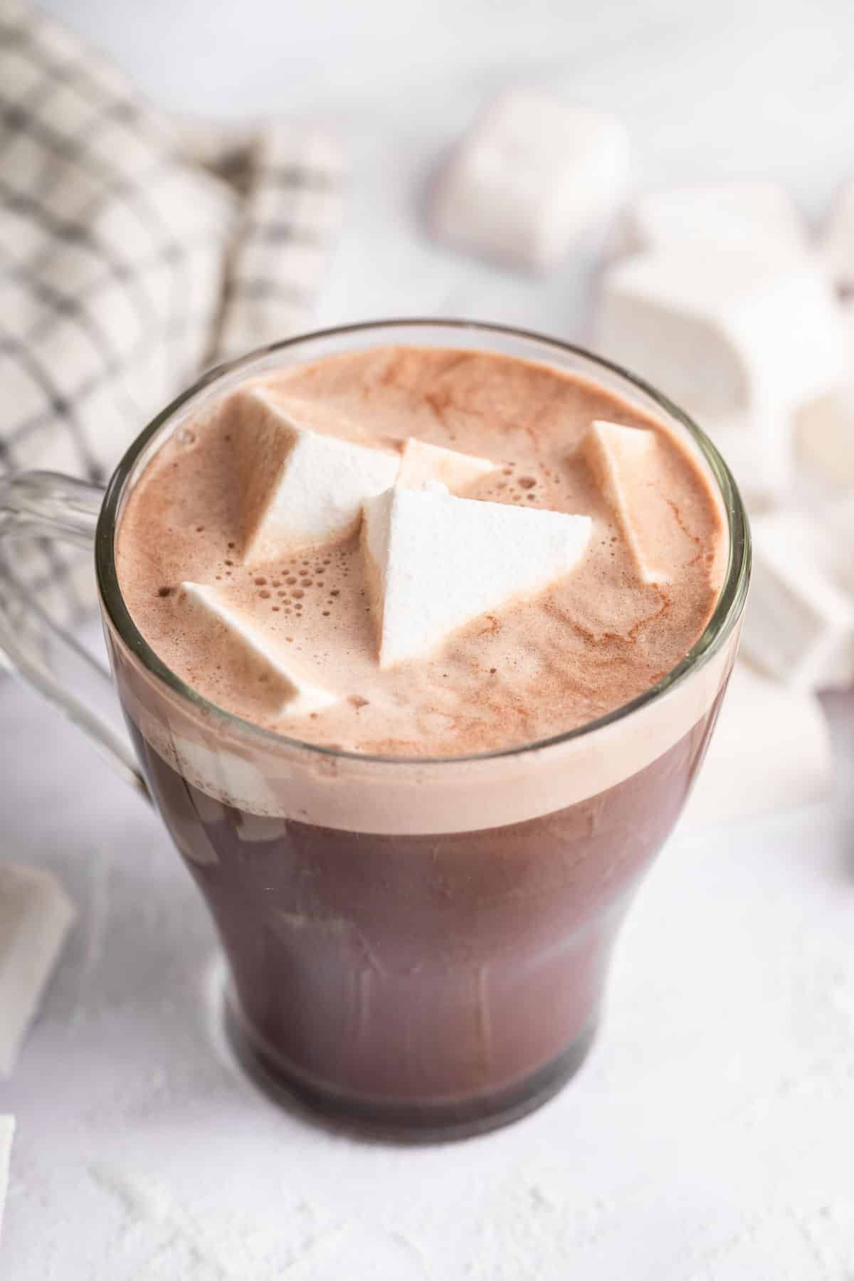 Mug of hot cocoa with homemade marshmallows on top.