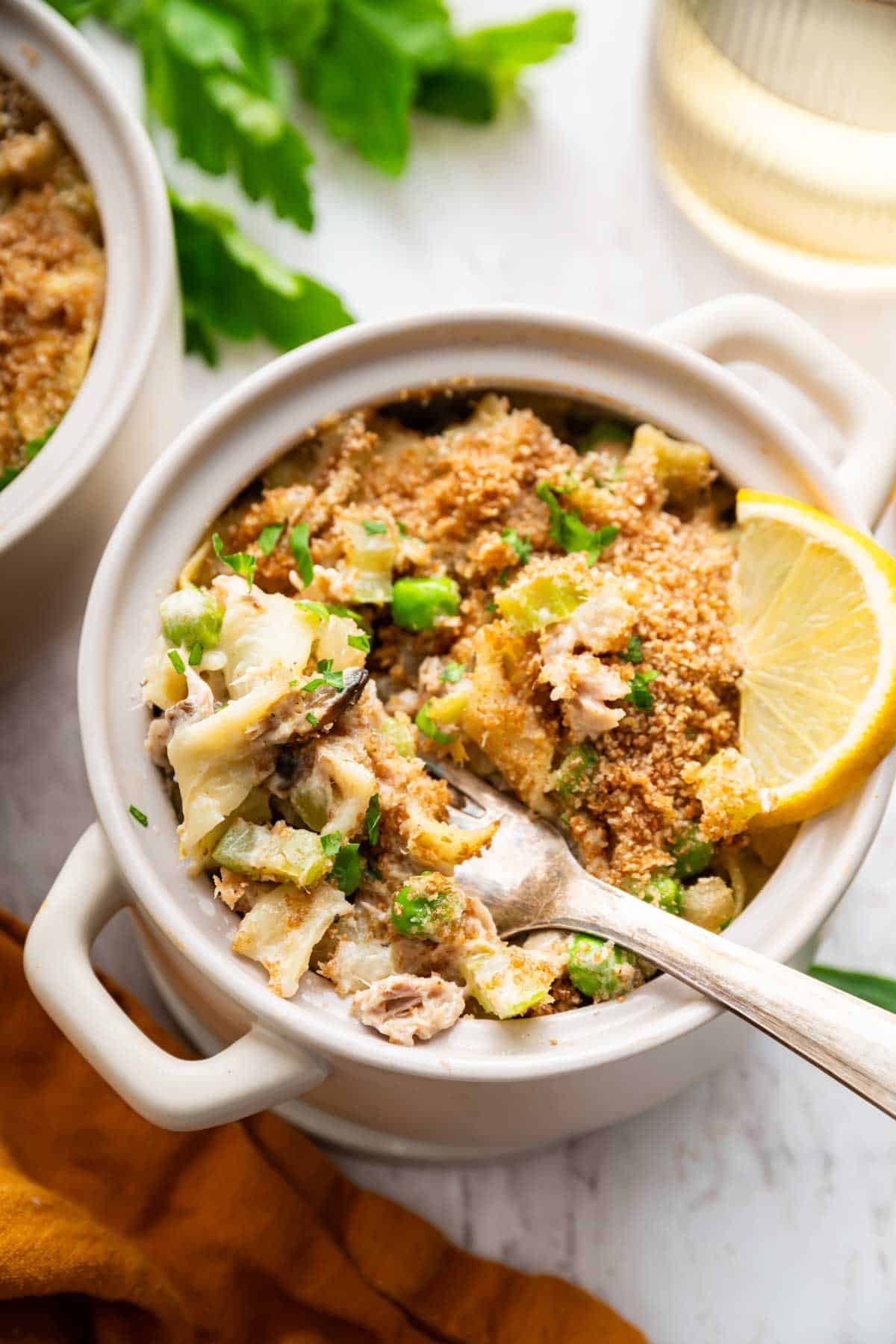 Macro image of tuna casserole no soup with noodles in a dish.
