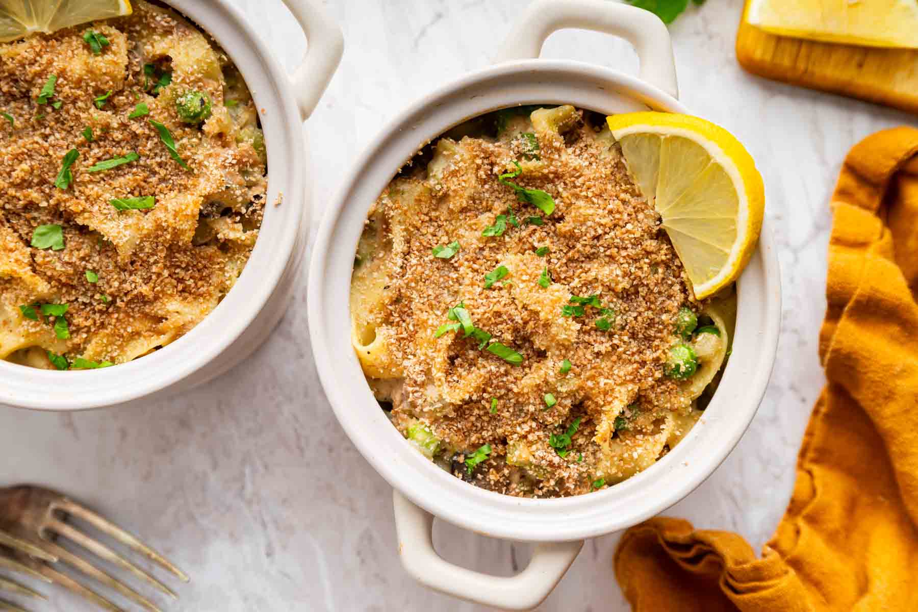 Two dishes of tuna casserole no soup.