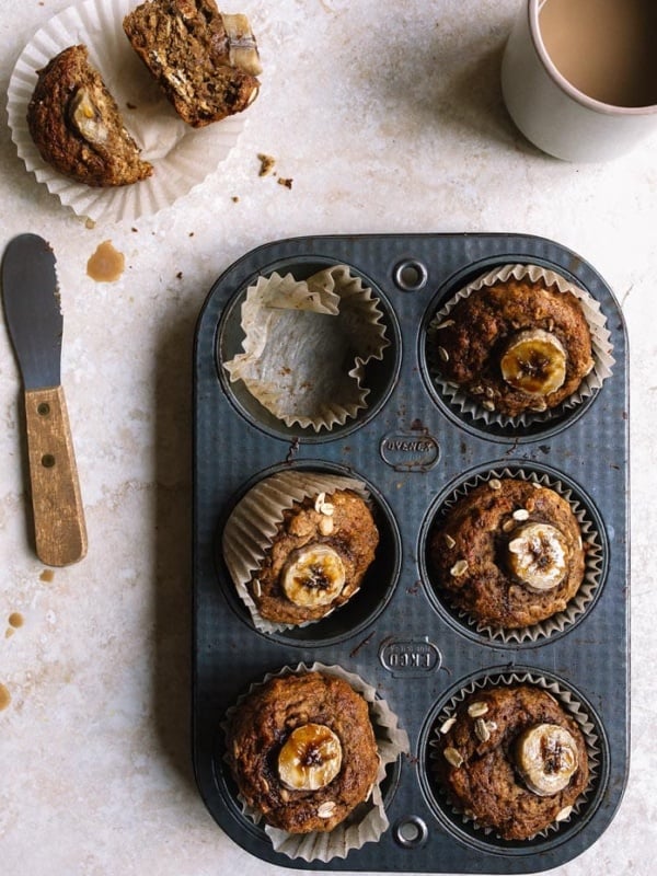 Vegan Banana Muffins (small batch) made with flax seed, coconut oil, and coconut sugar. Best healthy breakfast idea, or healthy after school snacks for kids.