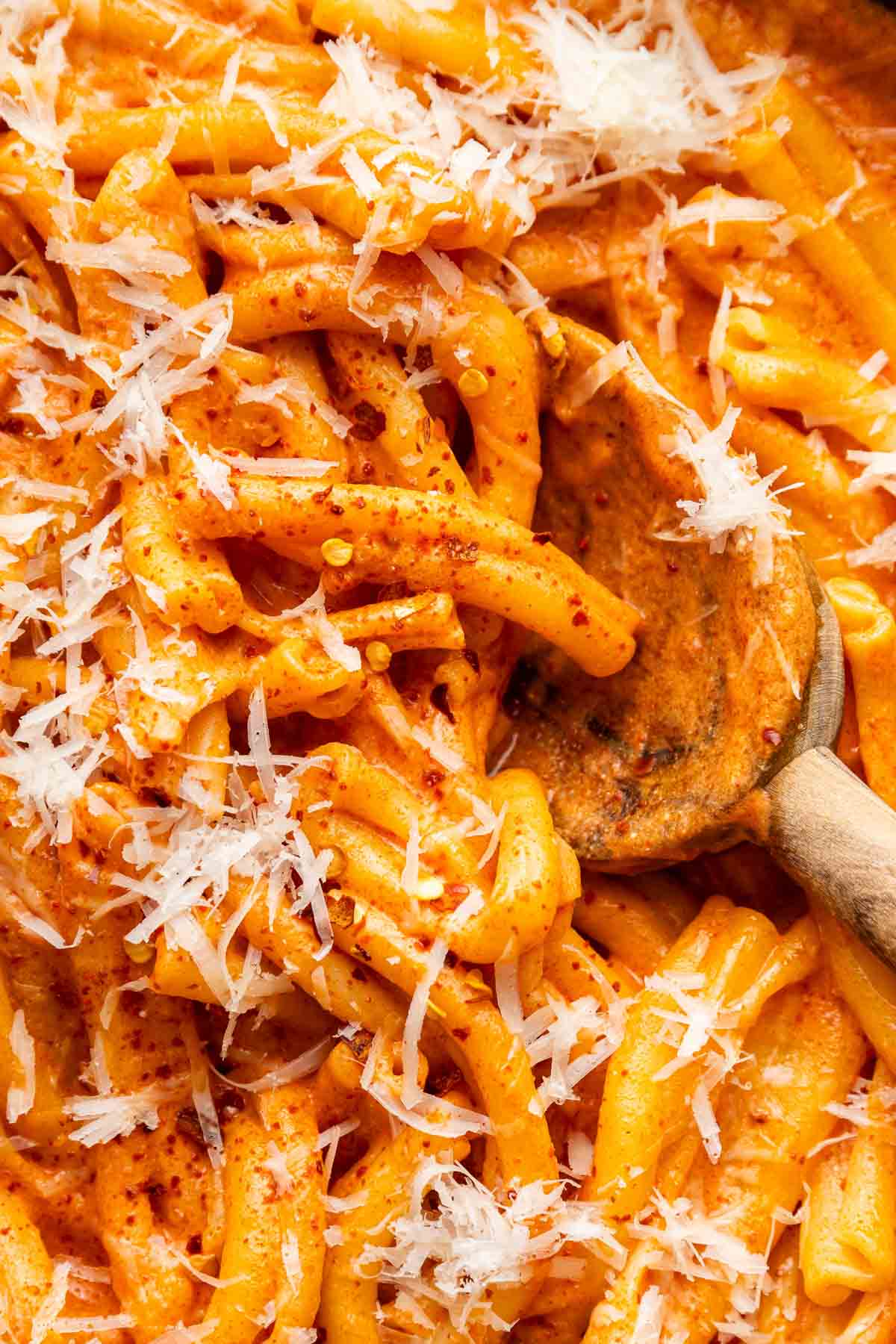 Macro image of vodka pasta with grated Parmesan on top.